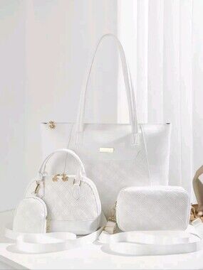 White Women’s 4-Piece Bag Set - Elegant Quilted Carry Collection